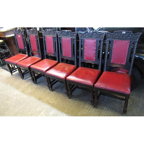 560 - Set of six late Victorian stained oak high back dining chairs with padded back and stuff over seats,... 