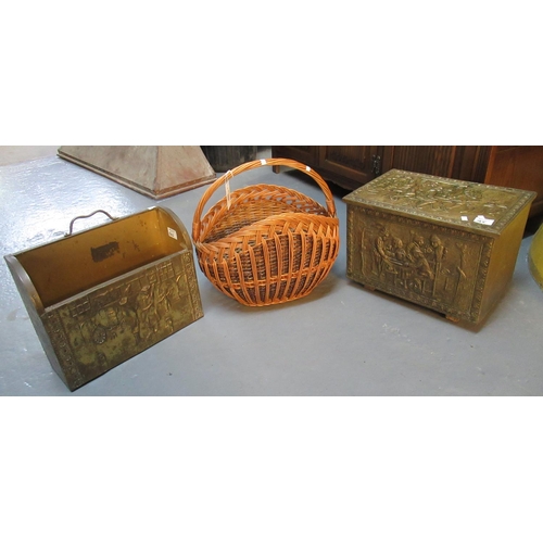 565 - Decorative wicker shopping basket, repousse brass log basket, and similar magazine stand. (3)
(B.P. ... 