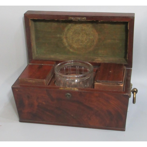 103 - Early 19th century mahogany sarcophagus-shaped tea caddy with two lidded containers to the interior ... 