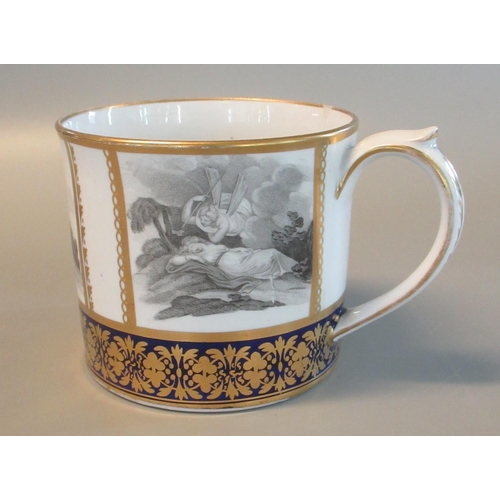 117 - 19th century Spode china bat printed straight sided tankard, decorated with reserve panels of classi... 