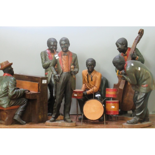 348 - Six piece composition group of figures, a  jazz band with musical instruments: trumpet, piano, drums... 