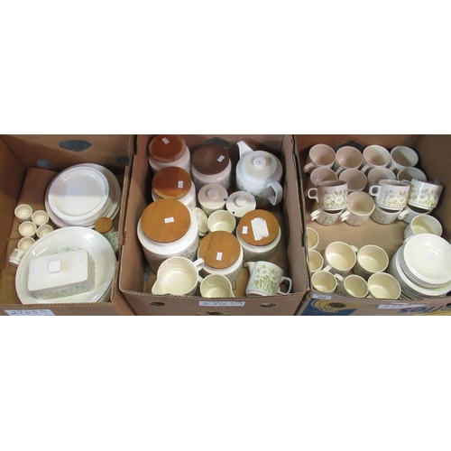 354 - Three trays of Hornsea Fleur design items to include lidded cannisters, tea cups and saucers, teapot... 