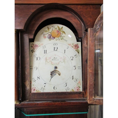 448 - Early 19th century oak cased 30 hour longcase clock, having painted face with Arabic numerals and de... 