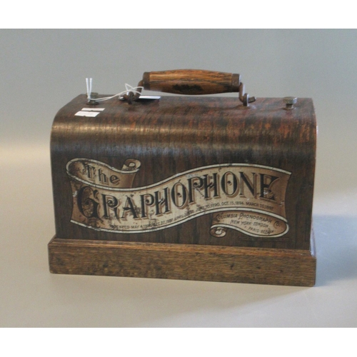 88 - Original 'The Gramophone', Columbia phonograph in oak bentwood case with tapered horn and accessorie... 