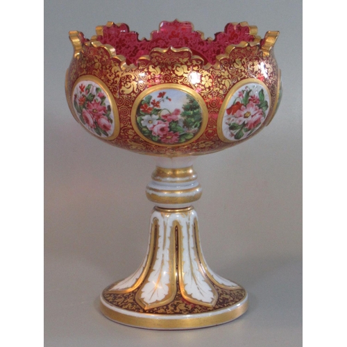 100 - Late 19th century Bohemian ruby and white overlay glass vase or table centre piece, hand painted wit... 