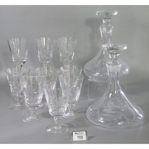 102 - Late19th/early 20th Century pair of glass ships decanters and stoppers, together with a set of nine ... 