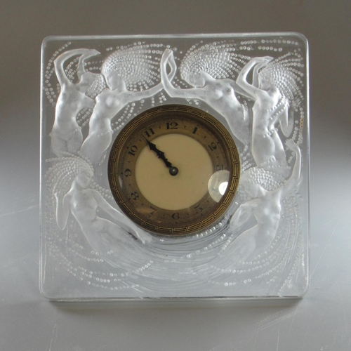 105 - R Lalique frosted glass 'Naiades' eight day desk clock, to a design introduced in 1926. Swiss moveme... 