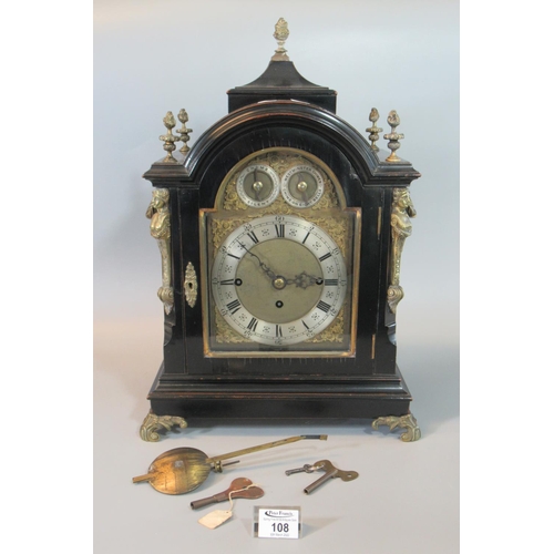 108 - 19th century three train ebonised bracket clock, the case with urn finials and term mounts, loop han... 