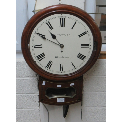 116 - 19th century brass inlaid mahogany drop dial fusee wall clock with later painted face marked 'JA. Sp... 