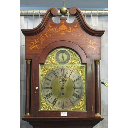 117 - Edwardian inlaid mahogany three train longcase clock having arched brass face with silvered Roman ch... 