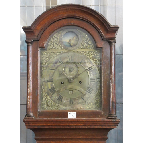 119 - 18th century oak eight day longcase clock, the arched brass dial with silvered Roman chapter ring an... 