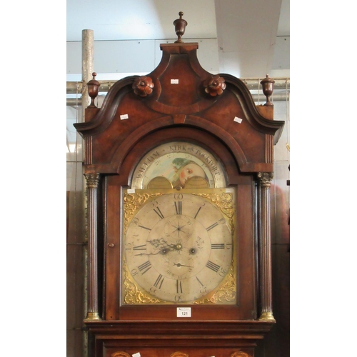 121 - Late 18th century mahogany two train longcase clock, marked William Kirk, Stockport, and having bras... 