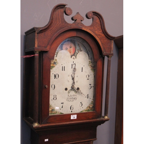 126 - 19th century Welsh oak eight day cottage longcase clock marked R Griffith, Denbigh, having arch pain... 