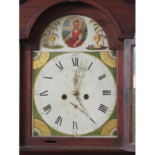 131 - 19th century eight day mahogany inlaid longcase clock having arch painted Roman face with seconds an... 