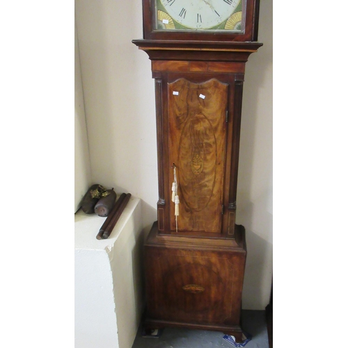 131 - 19th century eight day mahogany inlaid longcase clock having arch painted Roman face with seconds an... 