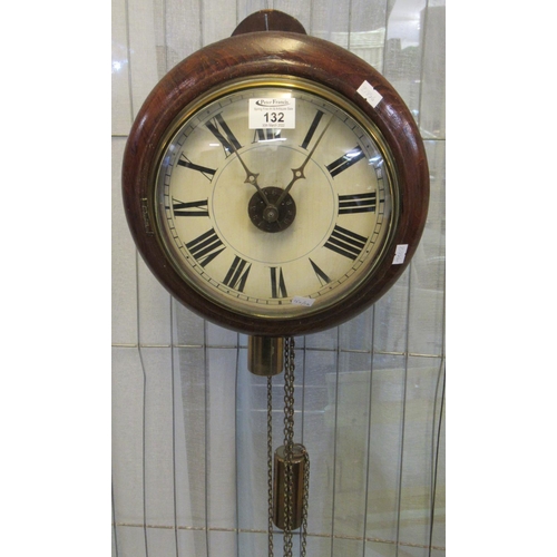 132 - Late 19th century stained beech postman's alarm wall clock with painted Roman face. 22cm diameter ap... 