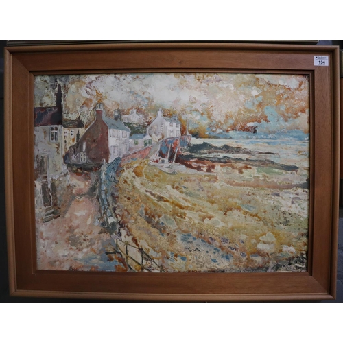 134 - Hugh Davies (Welsh 20th century) The Parrog, Newport. Oils on board. 52 x 73cm approximately. Back o... 