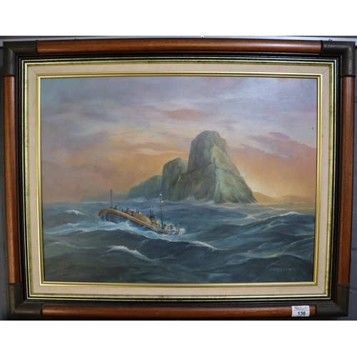 136 - Derek Scott (Welsh 20th century) Mumbles Lifeboat off Worms Head, Gower. Signed, oils on canvas. 56 ... 