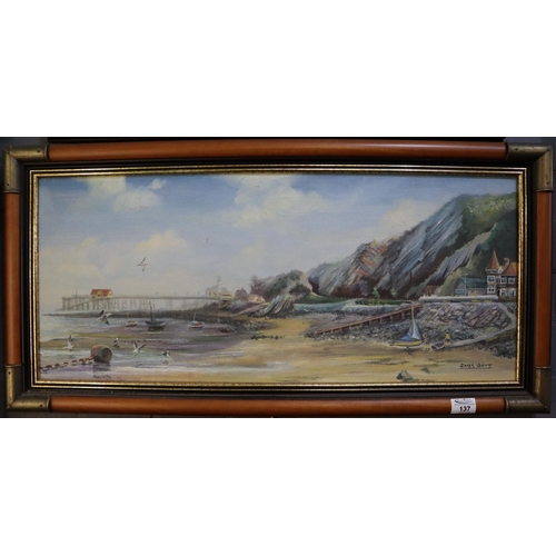 137 - Derek Scott (Welsh 20th century), View of the Mumbles with pier and beach. Signed, oils on canvas. 3... 