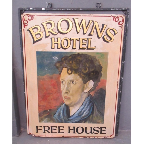 160 - Hand painted pub sign from The Browns Hotel, Laugharne featuring a portrait of Dylan Thomas. Double ... 