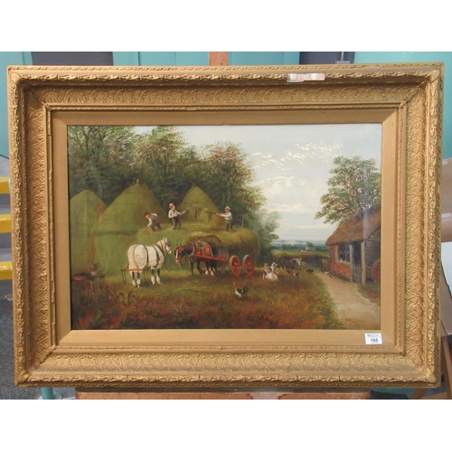 165 - British school( indistinctly signed,) hay making scene, oils on canvas. 51 x 77cm approximately.
(B.... 