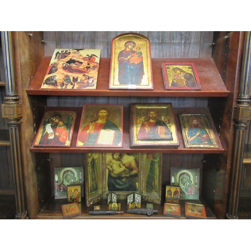 177 - Collection of assorted Orthodox Christian religious icons of various sizes and forms, some printed, ... 