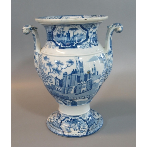 30 - Early 19th century Spode china blue and white transfer printed baluster-shaped two-handle vase, over... 