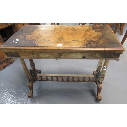 380 - Victorian walnut rectangular fold over card table on end supports with gallery stretcher and out swe... 