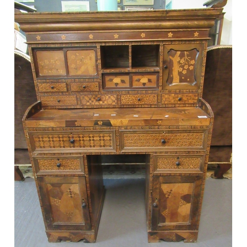 381 - Unusual Japanese design knee hole desk of small proportions, the moulded cornice above an arrangemen... 