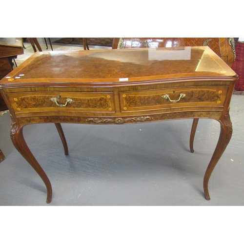 382 - French design walnut finish and mixed inlaid wood side table, the moulded serpentine top above two d... 