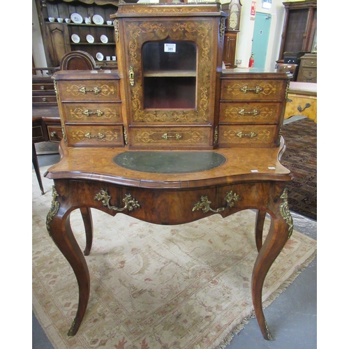 385 - Good quality ornate walnut and mixed woods inlaid ladies bonheur de jour, the gilded and pierced gal... 