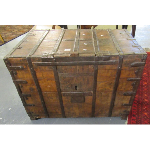 386 - Unusual heavy metal-bound sea chest or strong box having lift-out lock panel to the front, the lid o... 