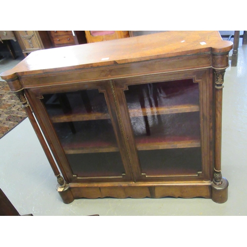 392 - Victorian walnut and mixed woods inlaid peer cabinet, the shaped top above two glazed doors, the int... 