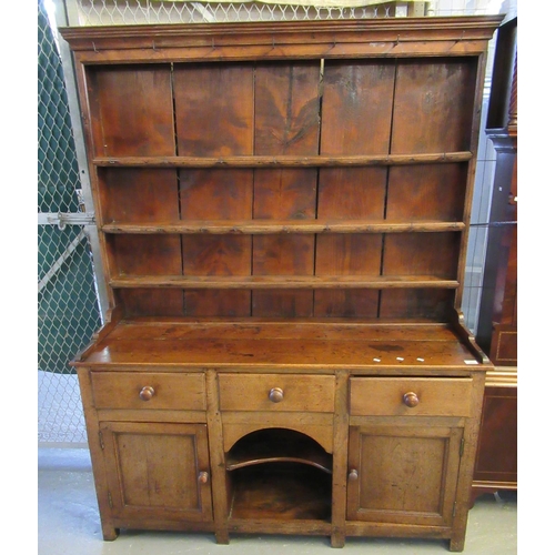 393 - 19th century Welsh oak two-stage rack-back dog kennel dresser, the moulded cornice above boarded rac... 