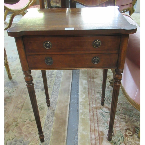 399 - Victorian walnut inlaid lamp table, of rectangular form, the shaped top above two long drawers with ... 