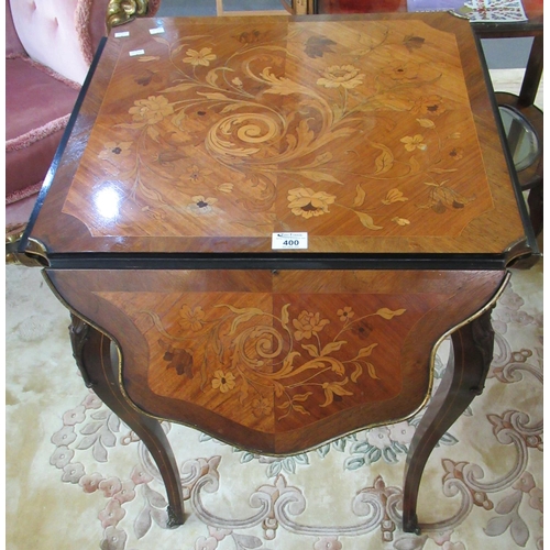 400 - French design mixed woods inlaid envelope folding table decorated with flowers and foliage and stand... 