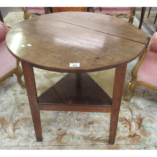 403 - Traditional 19th century Welsh oak cricket table with triangular under tier. 70cm diameter, 80cm hig... 