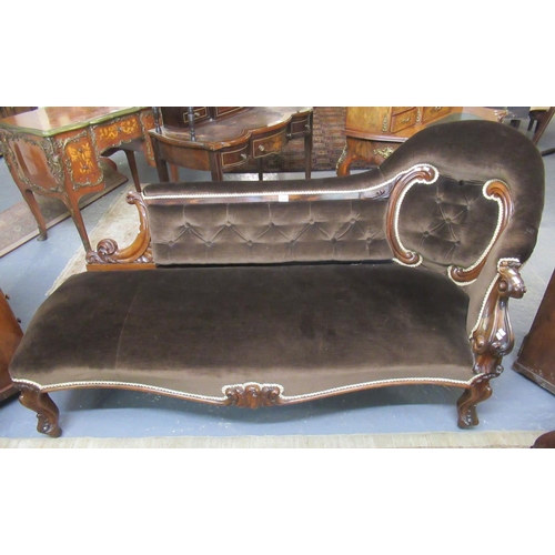 408 - Victorian rosewood button-back upholstered chaise lounge with ornately carved scroll arm, the carved... 