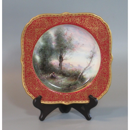 62 - Early 20th century Royal Worcester porcelain square dish hand painted with a country scene of a man ... 