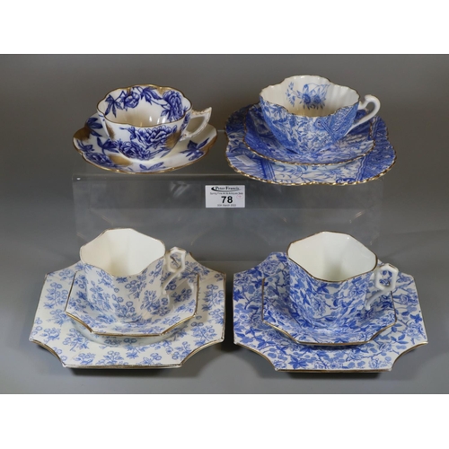 78 - Three 19th century Wileman & Co. transfer printed blue and white floral and foliate trio sets, toget... 