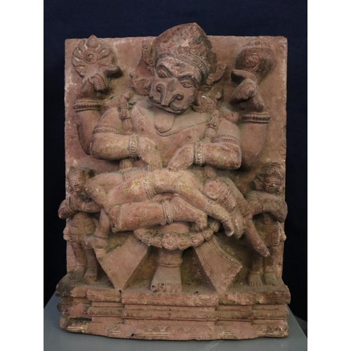 89 - Stone relief of Narasimha, the fourth avatar of Lord Vishnu, here depicted killing the demon Hiranya... 