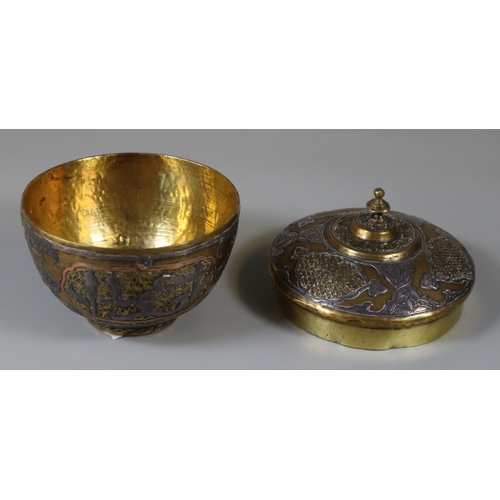 91 - Islamic yellow metal bowl and cover with mixed metal overlay, white metal etc. 9cm high, 8cm diamete... 