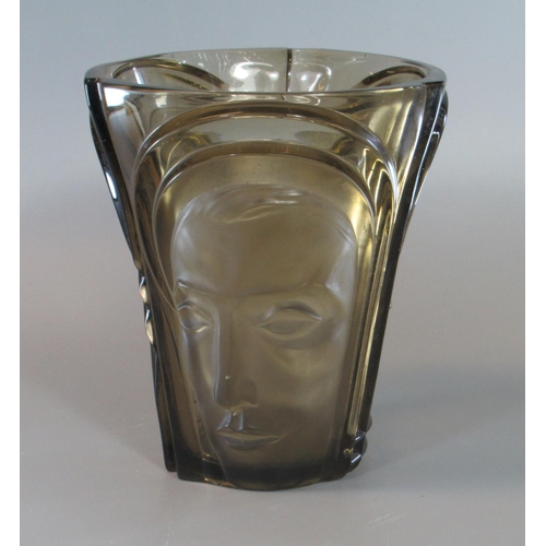 99 - Walther & Sohne German Art Deco relief moulded glass vase with three faces. 18cm high approximately.... 