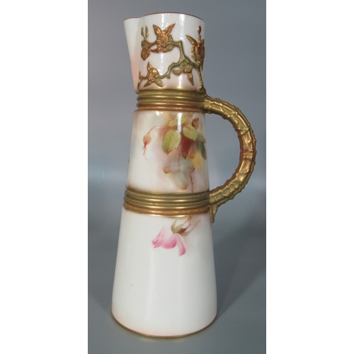 50 - Royal Worcester porcelain 1047 hand painted Ewer jug of conical form overall with pink and yellow ro... 