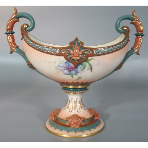 55 - Early 20th century Hadley Worcester boat shaped two-handled vase, hand painted with clematis above a... 