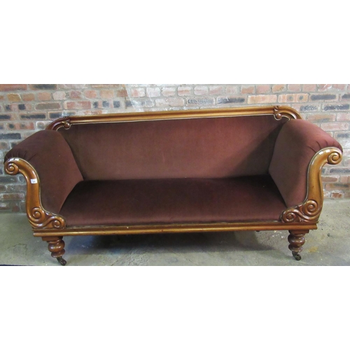 517 - Victorian mahogany show frame, double ended sofa, the carved and moulded top rail above a padded bac... 