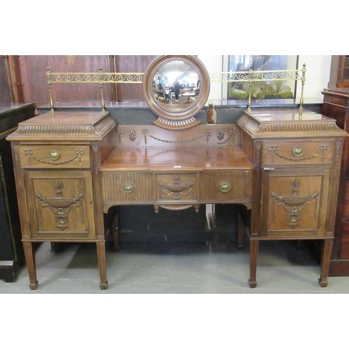 529 - Early 20th century Adams style sideboard, the brass pierced and decorated rail with central convex m... 