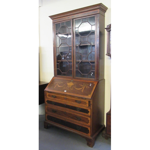 566 - Inlaid mahogany fall front bureau, the satin wood banded strung and foliate inlaid fall revealing fi... 