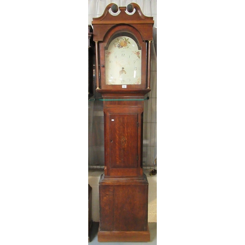 568 - Early 19th century oak cased 30 hour longcase clock, having painted face with Arabic numerals and de... 