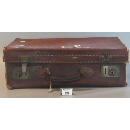 105 - Leather suitcase containing assorted items including army medical corps shield, plaque, binoculars, ... 